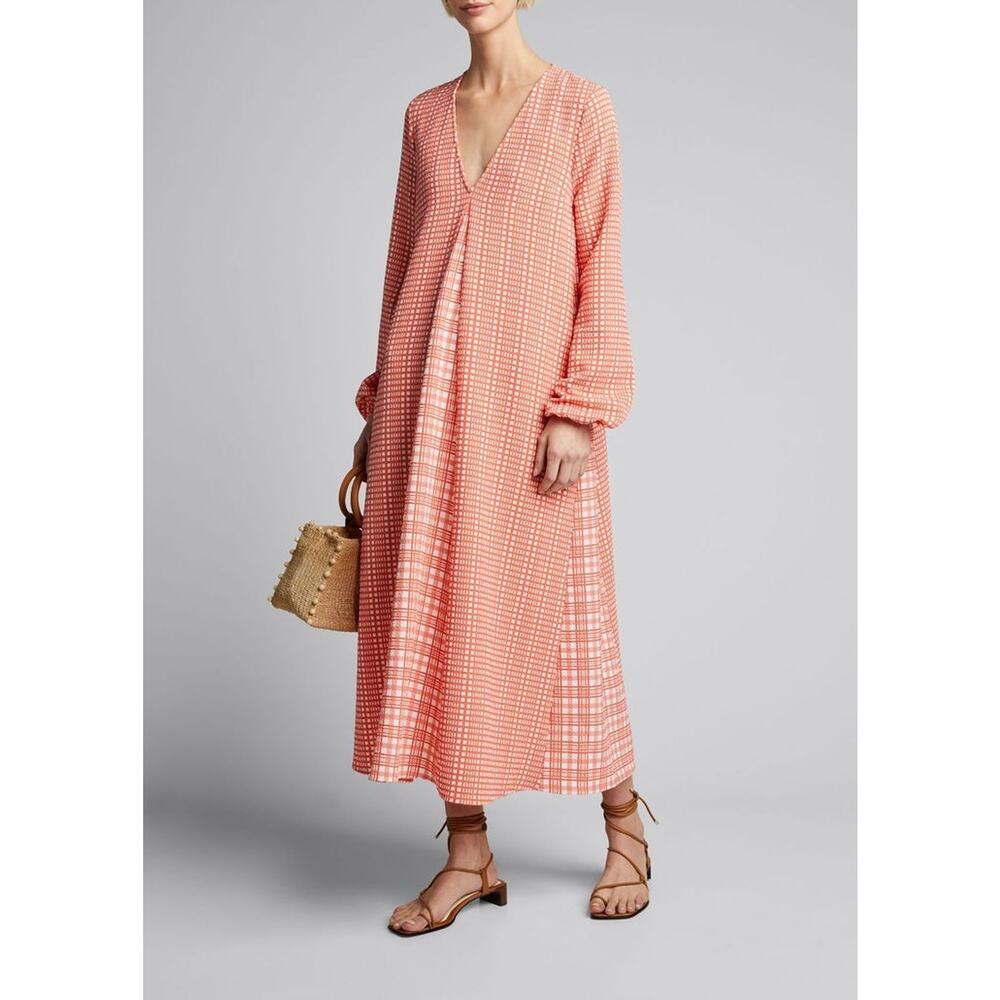Stine Goya M Leila Maxi Dress V Neck Plaid Long Sleeve Orange - Picture 14 of 15